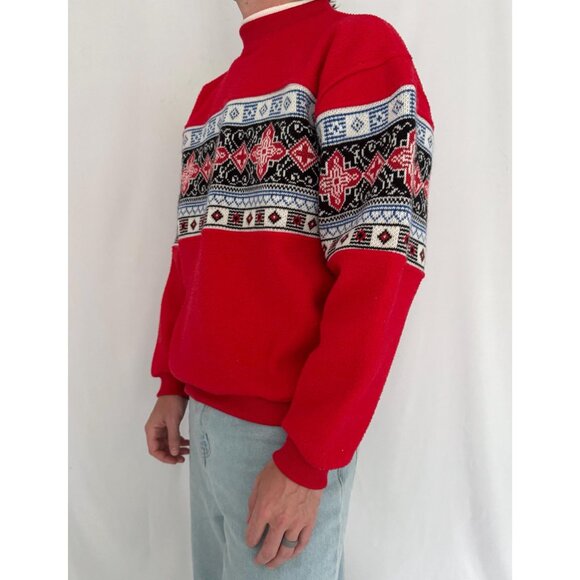 90s vintage red nordic aztec print unisex mens cozy fleece knit pullover sweater - Picture 3 of 10